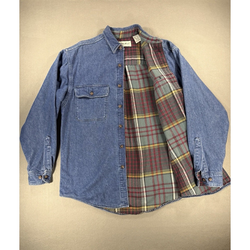 Vintage Eddie Bauer Denim Shirt Mens L Flannel Lined Workwear Shacket USA